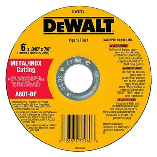 Type 1 Thin Metal Cutting Wheel, 6 in dia, 0.040 in Thick, 7/8 in Arbor, A60T Grit