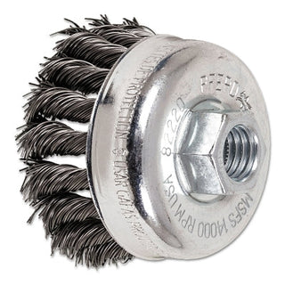 Mini Knot Cup Brush, 2-3/4 in dia, 5/8 in to 11 Arbor, 0.020 in Carbon Steel Wire