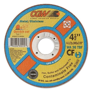 Quickie Cut™ Contaminate Free Cut-Off Wheel, 4-1/2 in Dia, 0.045 in Thick, 7/8 in Arbor, 36 Grit Alum. Oxide