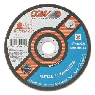 Quickie Cut™ Type 1 Extra Thin Cut-Off Wheel, 6 in dia, 0.040 in Thick, 7/8 in Arbor, 60 Grit