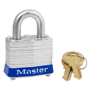 No. 3 Laminated Steel Padlock, 9/32 in dia, 5/8 in W x 3/4 in H Shackle, Silver/Blue, Keyed Different, Varies