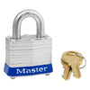 No. 3 Laminated Steel Padlock, 9/32 in dia, 5/8 in W x 3/4 in H Shackle, Silver/Blue, Keyed Different, Varies