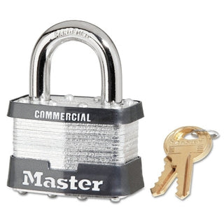 No. 5 Laminated Steel Padlock, 3/8 in dia x 15/16 in W x 1 in H Shackle, Silver/Gray, Keyed Alike, Keyed 0303
