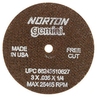 Gemini® Type 1 Reinforced Cut-Off Wheel, 3 in dia, 0.035 in Thick, 1/4 in Arbor, 60 Grit, Aluminum Oxide