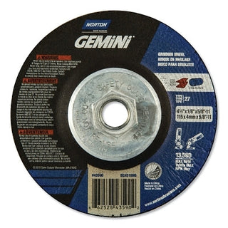 Gemini® Type 27 Grinding and Cutting Wheel, 4-1/2 in dia x 1/8 in T x 5/8 in-11 Arbor Hole, AO