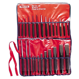 Punch & Chisel Set, 17 Punches, 9 Chisels, SAE, Pouch