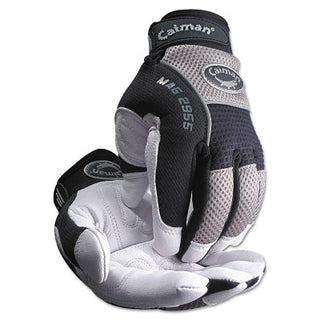 White Goat Grain Leather Palm Gloves, Large, White/Black/Gray