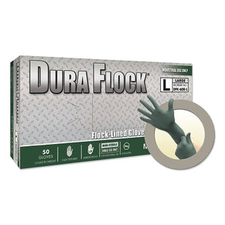 Dura Flock® DFK-608 Disposable Nitrile Gloves, 8.3 in Palm, 7.9 Fingers, Flocked Liner, Medium, Dark Green