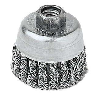 Single Row Heavy-Duty Knot Wire Cup Brush, 2-3/4 dia, 5/8 to 11 UNC, 0.02 Stainless