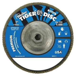 Disco de lixa flap angular Tiger® Disc, 7 polegadas de diâmetro, grão 60, 5/8 pol-11, 8600 rpm, tipo 29