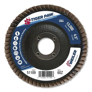 Disco de lixa flap revestido Tiger Paw™, 4-1/2 pol. de diâmetro, grão 60, eixo de 7/8 pol., 13.000 rpm, tipo 27