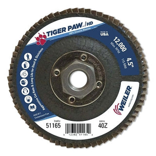 Disco de lixa flap Tiger Paw™ de altíssima densidade, 4-1/2 pol. de diâmetro, grão 40, eixo de 5/8 pol.-11, 12.000 RPM, tipo 27.
