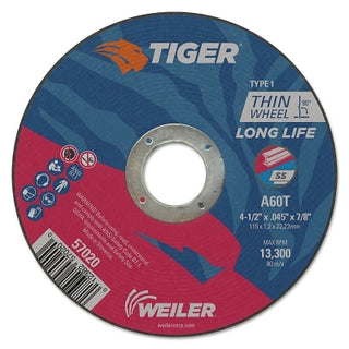 Tiger® AO Cutting Wheel, 4-1/2 in dia x 0.045 in Thick, 7/8 in Arbor, A60T, Type 1