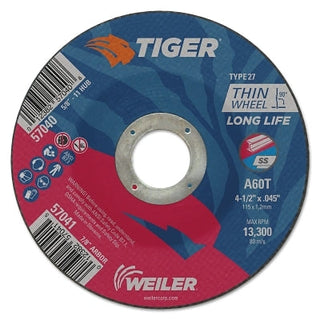 Tiger® AO Cutting Wheel, 4-1/2 in dia x 0.045 in Thick, 7/8 in Arbor, A60T, Type 27