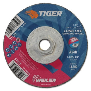 Tiger® AO Grinding Wheel, 4-1/2 in dia x 1/4 in Thick, 5/8 in-11 UNC Arbor, A24R, Type 27