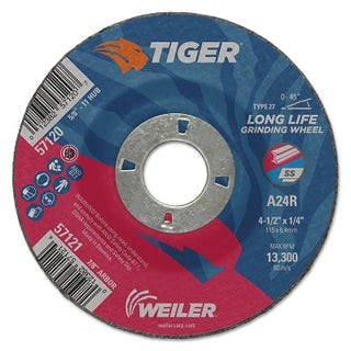 Tiger® AO Grinding Wheel, 4-1/2 in dia x 1/4 in Thick, 7/8 in Arbor, A24R, Type 27