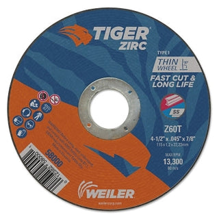 Tiger® Zirc Cutting Wheel, 4-1/2 in dia, 0.045 in Thick, 7/8 in Arbor, Zirconia Alumina, Type 1, Z60T