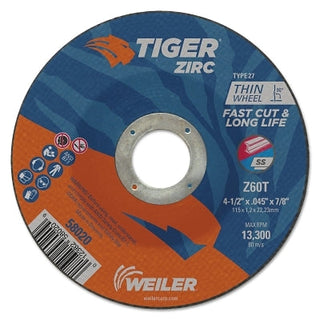 Tiger® Zirc Cutting Wheel, 4-1/2 in dia, 0.045 in Thick, 7/8 in Arbor, Zirconia Alumina, Type 27, Z60T
